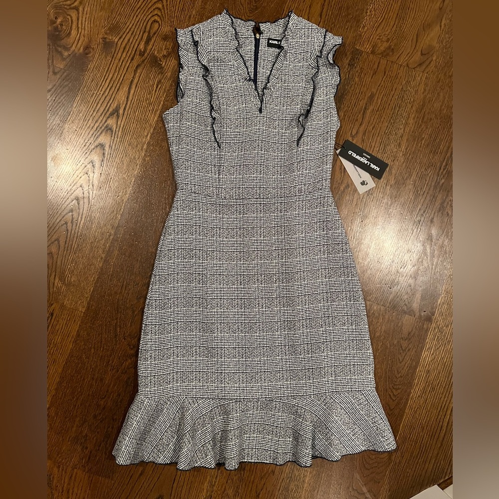 Karl Lagerfeld tweed navy, blue dress. Ruffle bottom